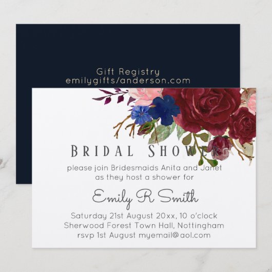 Invitation Mariage de bouquet floral bleu Bourgogne (Devant / Derrière)