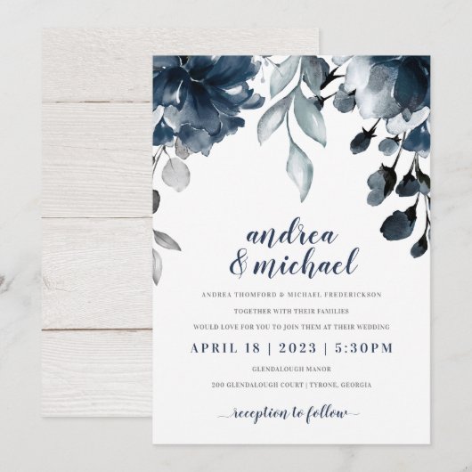 Invitation Mariage de bouquet floral bleu marine (Devant / Derrière)
