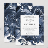 Invitation Mariage de bouquet Rose moderne bleu foncé (Devant / Derrière)