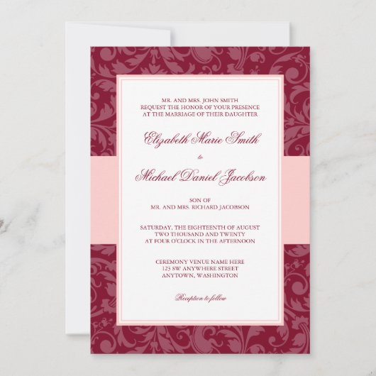 Invitation Mariage de Bourgogne et de Damas roses (Devant)