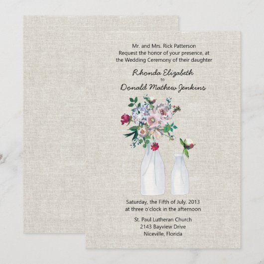 Invitation Mariage de bouteilles de lin et de lait d'inspirat (Devant / Derrière)