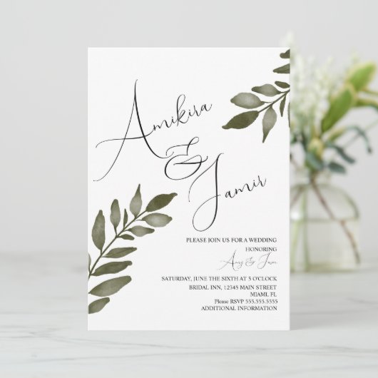 Invitation Mariage de branche de feuille d'aquarelle Script  (Debout devant)