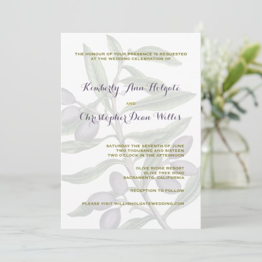 Invitation Mariage de branche d'olivier | Pourpre vert (Debout devant)