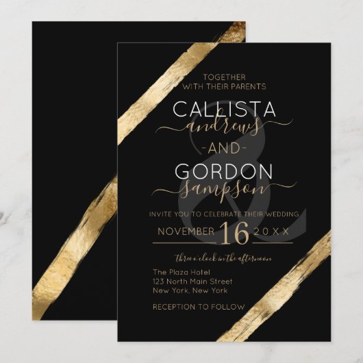 Invitation Mariage de brosse Artsy Black Gold de luxe (Devant / Derrière)