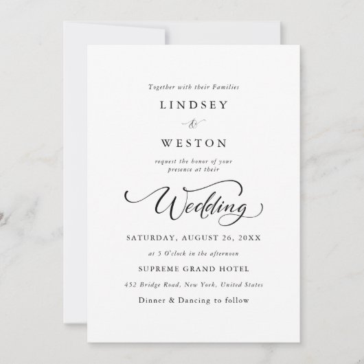 Invitation Mariage de budget de script classique noir et blan (Devant)