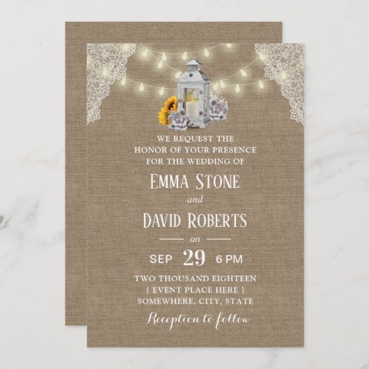 Invitation Mariage de Burlap pour lanternes et cordes rustiqu (Devant / Derrière)