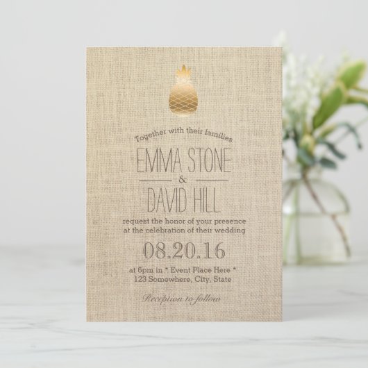 Invitation Mariage de Burlap Rustique pour ananas en or moder (Debout devant)