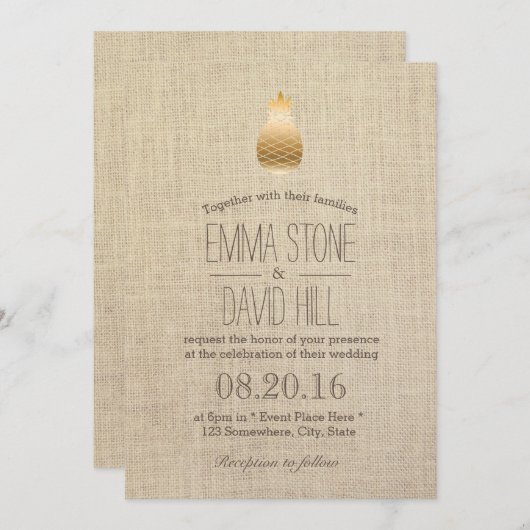 Invitation Mariage de Burlap Rustique pour ananas en or moder (Devant / Derrière)