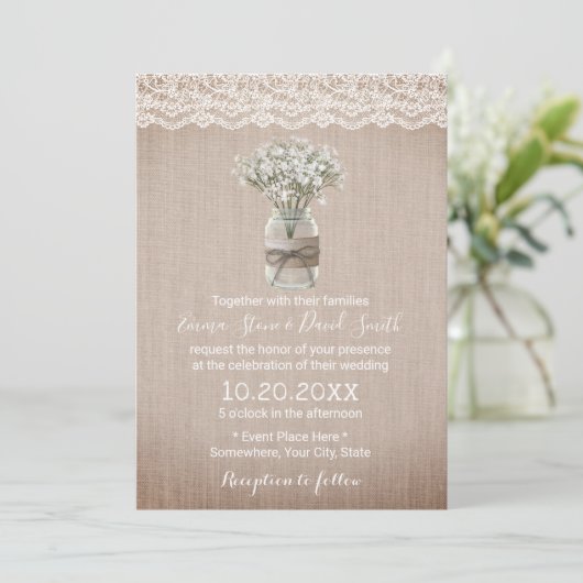 Invitation Mariage de Burlap rustique pour bébé souffle flora (Debout devant)