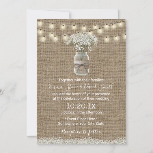Invitation Mariage de Burlap rustique pour bébé souffle flora (Devant)