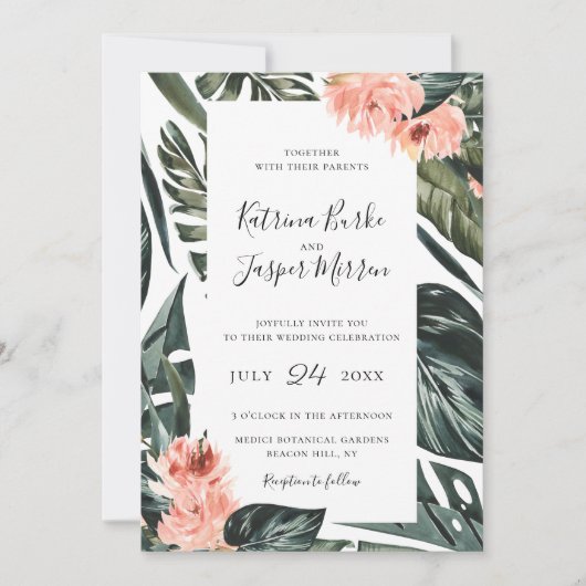 Invitation Mariage de cadrage de Coral Tropics moderne (Devant)