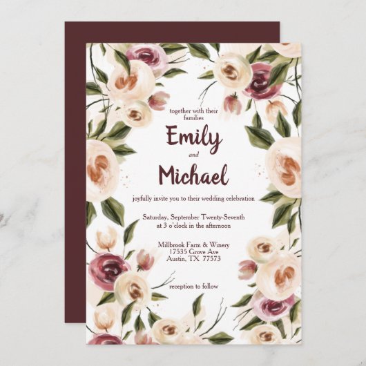 Invitation Mariage de cadre à crème douce Rose Bourgogne (Devant / Derrière)