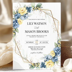 Invitation Mariage de cadre bleu et jaune Floral or Dusty