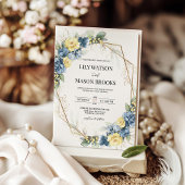 Invitation Mariage de cadre bleu et jaune Floral or Dusty
