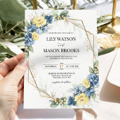 Invitation Mariage de cadre bleu et jaune Floral or Dusty