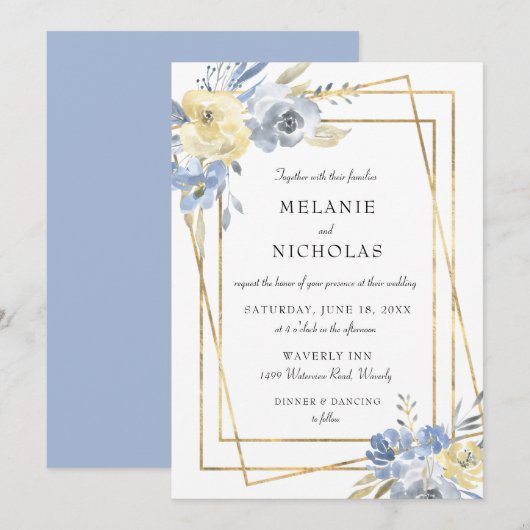 Invitation Mariage de cadre bleu floral Dusty (Devant / Derrière)