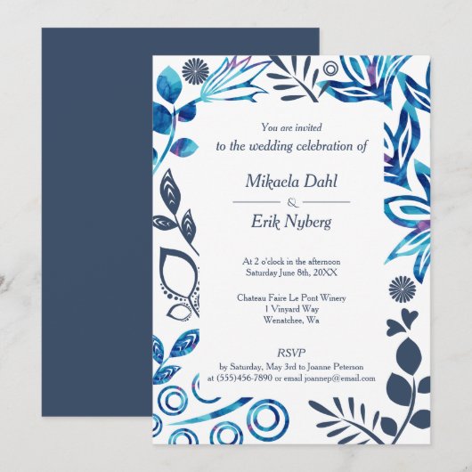 Invitation Mariage de cadre bleu, gris bleu et floral (Devant / Derrière)
