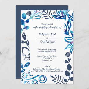Invitation Mariage de cadre bleu, gris bleu et floral