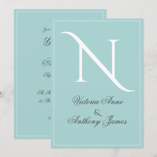 Invitation Mariage de cadre bleu initial Monogramme (Devant / Derrière)