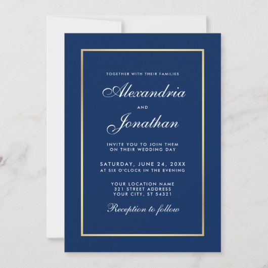 Invitation Mariage de cadre classique moderne en or bleu (Devant)