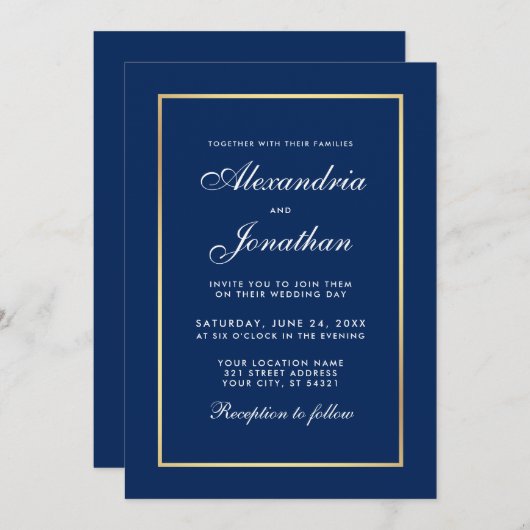 Invitation Mariage de cadre classique moderne en or bleu (Devant / Derrière)