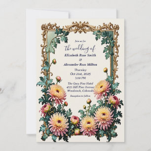 Invitation Mariage de cadre d'art rose jaune chrysamthèmes