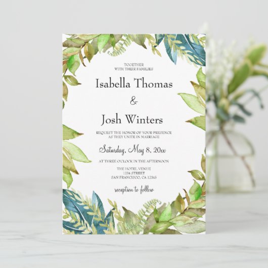 Invitation Mariage de cadre de feuillage vert (Debout devant)