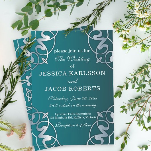 Invitation Mariage de cadre de luxe Silver & Turquoise Filigr