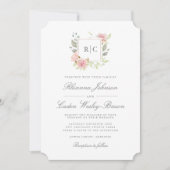 Invitation Mariage de cadre de monogramme de roses roses lavé (Devant)