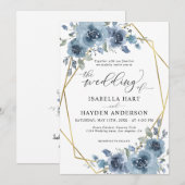 Invitation Mariage de cadre doré bleu chic floral moderne (Devant / Derrière)