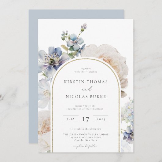 Invitation Mariage de cadre en arc floral bleu Dusty (Devant / Derrière)