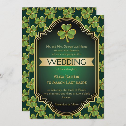 Invitation Mariage de cadre et de trèfle en or, en irlandais  (Devant / Derrière)