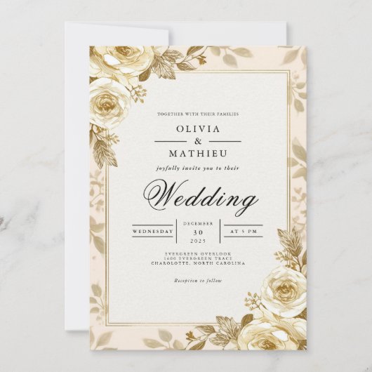 Invitation Mariage de cadre Floral à fleurs dorées (Devant)
