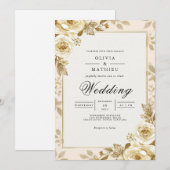 Invitation Mariage de cadre Floral à fleurs dorées (Devant / Derrière)