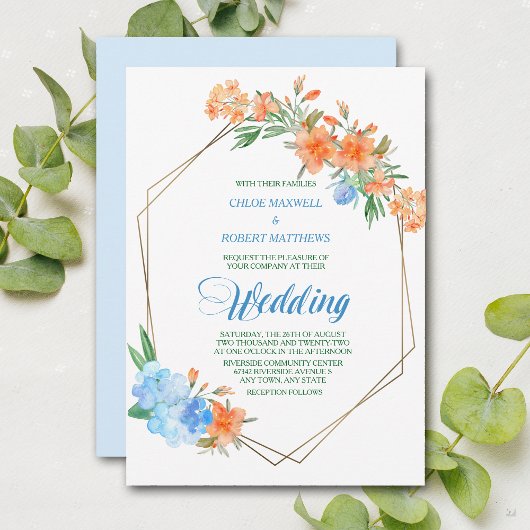 Invitation Mariage de cadre floral bleu clair et tangerine