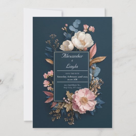Invitation Mariage de cadre floral bleu marine (Devant)