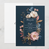 Invitation Mariage de cadre floral bleu marine (Devant / Derrière)