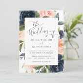 Invitation Mariage de cadre floral Blush Navy (Debout devant)