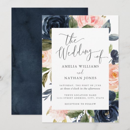 Invitation Mariage de cadre floral Blush Navy (Devant / Derrière)