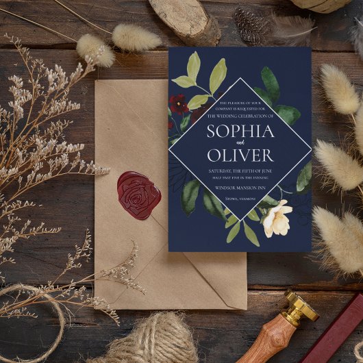 Invitation Mariage de cadre floral géométrique de la marine d