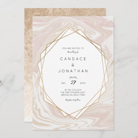 Invitation Mariage de cadre géométrique Blush Marble Faux Gol (Devant / Derrière)