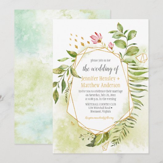 Invitation Mariage de cadre géométrique Botanique rose vert o (Devant / Derrière)