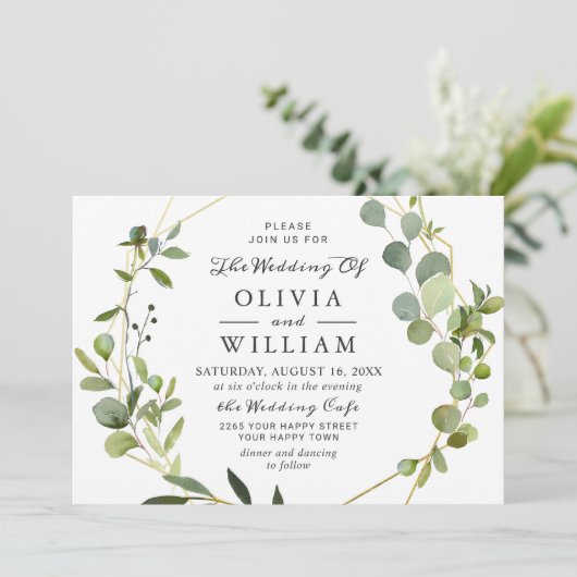 Invitation Mariage de cadre géométrique de feuillage Eucalypt (Debout devant)