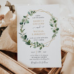 Invitation Mariage de cadre géométrique Eucalyptus Green Gold<br><div class="desc">Cette Faire-part de mariage élégante et personnalisable présente un cadre doré géométrique orné de feuilles moody aquarelle eucalyptus et a été jumelé à une calligraphie lunaire et une police serif classe en or et gris. Pour effectuer des modifications avancées, sélectionnez l'option "Cliquez pour customiser plus loin" sous Personnaliser ce modèle....</div>