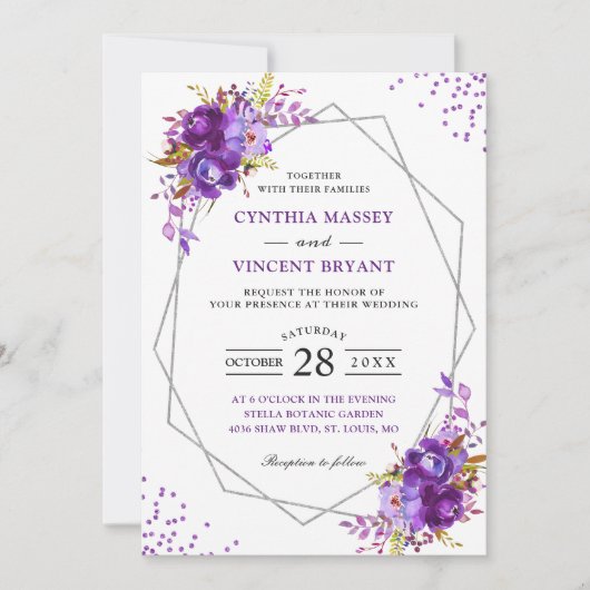 Invitation Mariage de cadre géométrique moderne et violet sau (Devant)