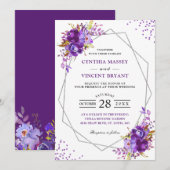 Invitation Mariage de cadre géométrique moderne et violet sau (Devant / Derrière)