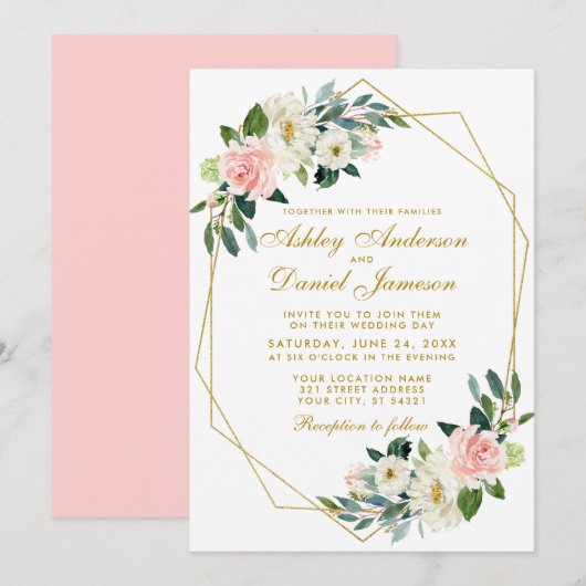 Invitation Mariage de cadre géométrique moderne Floral Rose o (Devant / Derrière)