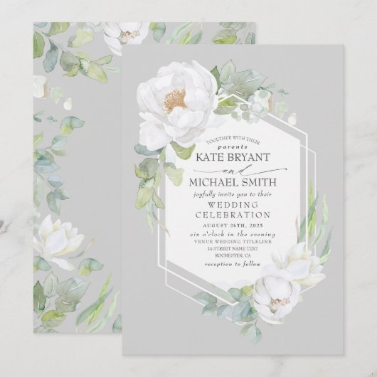 Invitation Mariage de cadre géométrique Peony blanc et verdur (Devant / Derrière)