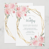 Invitation Mariage de cadre géométrique rose floral or (Devant / Derrière)