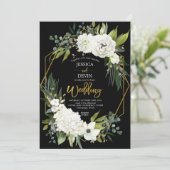 Invitation Mariage de cadre moderne blanc floral noir or (Debout devant)